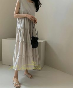 マキシ | ワンピース Aラインノースリーブマキシ丈ワンピース ビッグシルエット 無地 レディース ロング丈 体型カバー カジュアル 麻 綿 ゆったり 20代30代40代