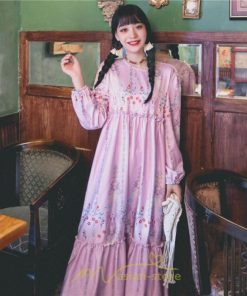 マキシ | ロングワンピース レディース  夏 秋 リゾート ルームワンピース 長袖 ゆったり ロング丈 旅行用 バブルスリーブ かわいい 後ボタン付き レトロ風 丸首