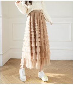 スカート | ロングレディース ティアードチュールプリーツおしゃれ 無地 可愛い カジュアル 韓国風 20代 40代 50代 30代