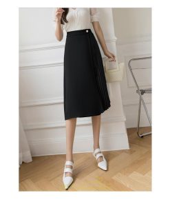 スカート | プリーツひざ下 きれいめ 上品 ハイウェスト スリット Aライン デート 黒 きれい 着痩せ 通勤 OL オシャレ ビジネス 春夏秋冬 脚長効果 オフィス
