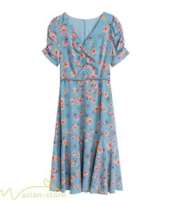 ミディアム | ワンピース レディース 着痩せ 半袖 花柄 きれいめ ミディアムワンピース カジュアル 膝丈 タック カジュアルワンピース おしゃれ サマーワンピース Vネック