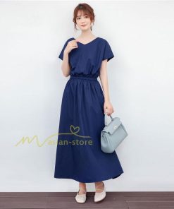 送料無料SALE | ロングワンピース 夏ワンピース 半袖 無地 フレアワンピース Vネック ベルト付き ゴム 女っぽい お呼ばれワンピース 大人 30代40代 ワンピ パーティー