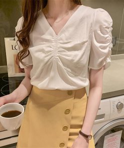 シャツ・ブラウス | シャツ ブラウス レディース バルーンスリーブ 半袖ブラウス Vネック トップス ファッション 無地 シャーリング サマー 通学 通勤 着痩せ 着回し 2020夏新作