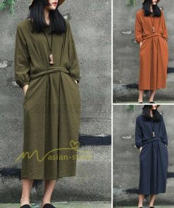 マキシ | 綿麻 リネン ワンピース ロング 長袖 無地 レディース ロング丈 体型カバー ゆったり 秋服 ファッション 着痩せ お出かけ カジュアル 20代30代40代 通勤通学