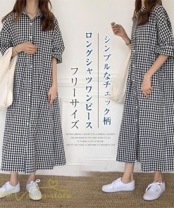 マキシ | ワンピース シャツワンピース チェック柄 可愛い マキシワンピース レディース 5分袖 春 夏 秋 20代 30代 着痩せ Aラインワンピース フリーサイズ 40代 50代