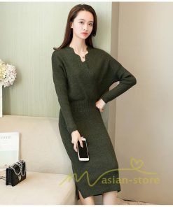 在庫ある | 短納期ニットワンピース 膝丈ワンピース タイトワンピース 長袖 インナー カットソー Vネック エレガント 着痩せ シルエット ビジネスオフィスフォーマル