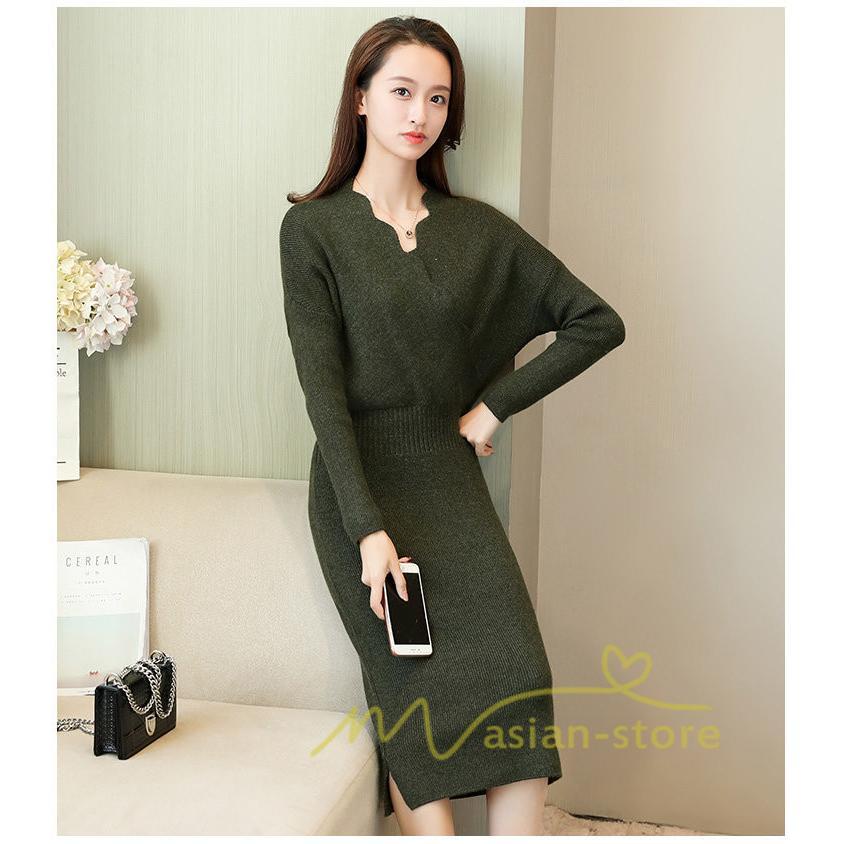 在庫ある | 短納期ニットワンピース 膝丈ワンピース タイトワンピース 長袖 インナー カットソー Vネック エレガント 着痩せ シルエット ビジネスオフィスフォーマル