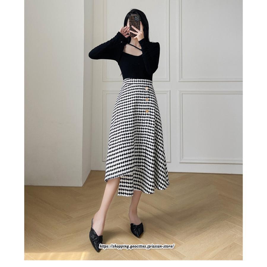 スカート | ロングきれいめ レディース ロング丈 Aライン 20代 30代 40代 50代 秋 冬 千鳥格柄 細見え 可愛い ハイウエスト お出かけ 高見え