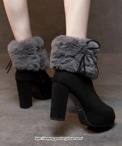 ブーツ | ショートレディース 10cmハイヒール ファー 冬用 保温防寒 太めヒール サイドジッパー スエード調 痛くない 冬靴 オシャレ 歩きやすい 痛くない