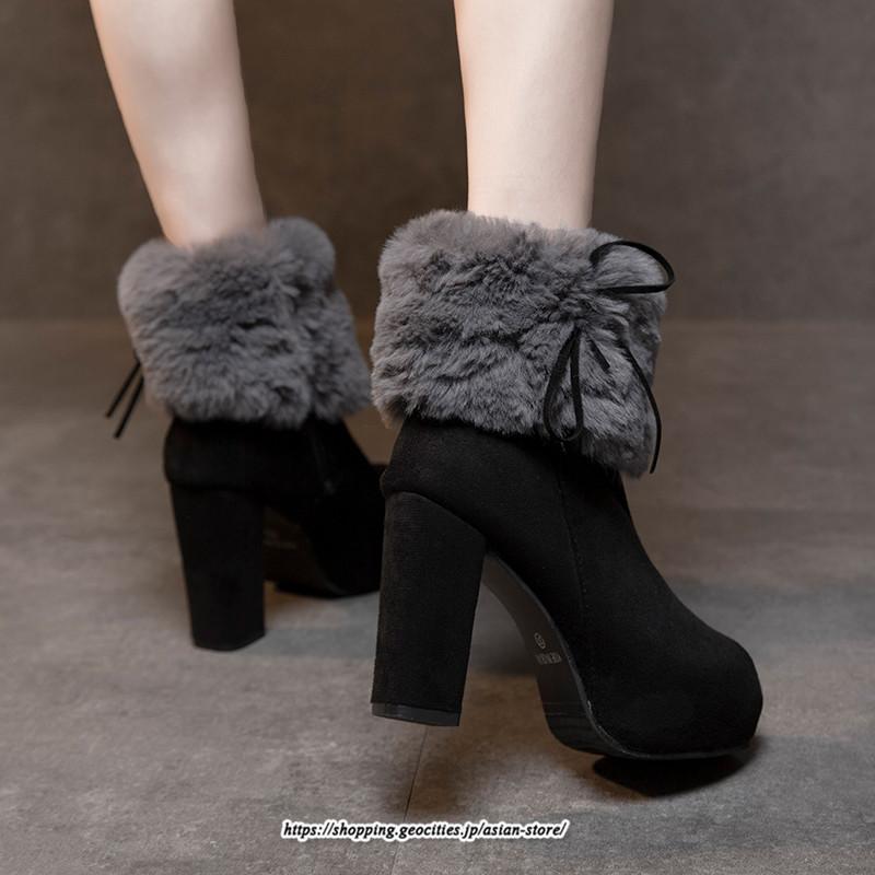 ブーツ | ショートレディース 10cmハイヒール ファー 冬用 保温防寒 太めヒール サイドジッパー スエード調 痛くない 冬靴 オシャレ 歩きやすい 痛くない