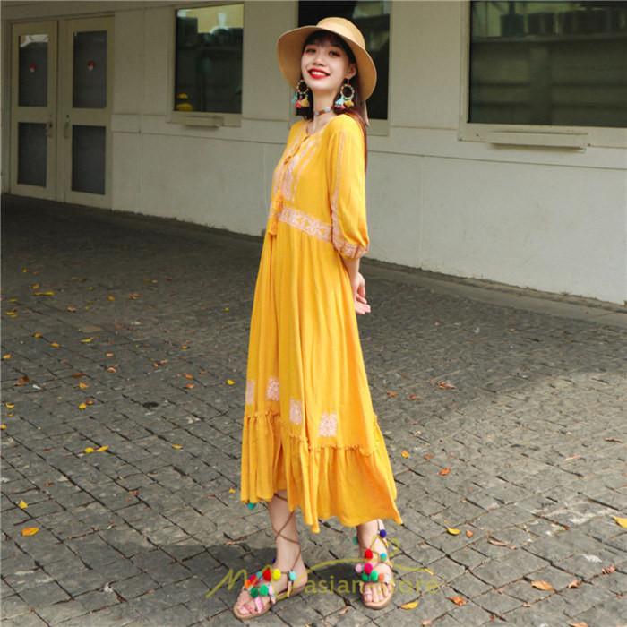 マキシ | ワンピース きれいめ レディース 夏 秋 ロング 上品 大人 七分袖 お出かけ 高見え 赤 白 黄色 上質 20代 50代 40代 ゆったり リゾート 30代 旅行 体型隠し