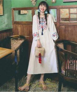 マキシ | ワンピース  ロングワンピ パーティー お呼ばれ デート ゆったり 女子会 食事会 白 赤 黄色 青 Aライン 長袖 エスニック風 2022年夏秋新作 刺繍 Vネック 綿麻