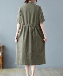 マキシ | ワンピース ゆるワンピース 無地 シャツワンピース ネック 麻混 ひざ丈 ウエスト紐 カジュアル ポケット 体型カバー ゆったり 30代 50代 夏物 40代 シンプル