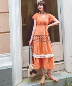 マキシ | ワンピース エスニック 綿麻 エスニックファッション 春ワンピ 夏ワンピ コットン リネン かわいい おしゃれ ハイウエスト バカンス 刺繍 Vネック リゾート 旅行