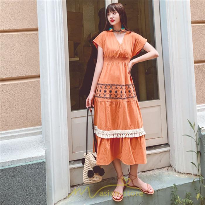 マキシ | ワンピース エスニック 綿麻 エスニックファッション 春ワンピ 夏ワンピ コットン リネン かわいい おしゃれ ハイウエスト バカンス 刺繍 Vネック リゾート 旅行