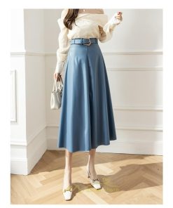 スカート | レザーフレアロング レディース ベルト付き ボトムス ロングAライン ミモレ丈 かっこいい 着痩せ キレイめ スリット