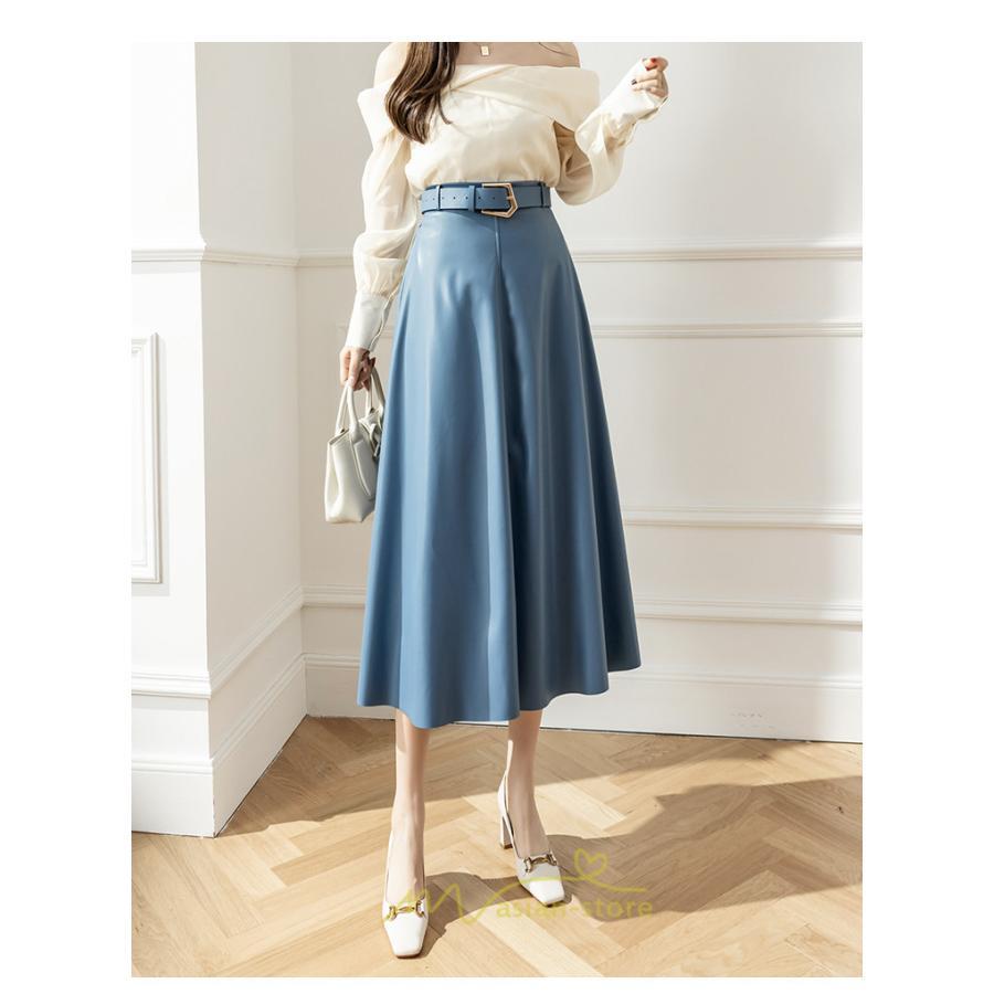 スカート | レザーフレアロング レディース ベルト付き ボトムス ロングAライン ミモレ丈 かっこいい 着痩せ キレイめ スリット