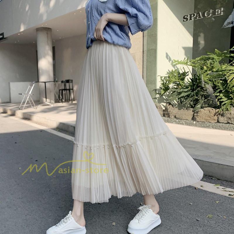 スカート | レディース チュール春夏 コーデ ウエストゴム ロングフレア着痩せ 通勤 マキシ カジュアル 20代30代40代50代 プリーツ