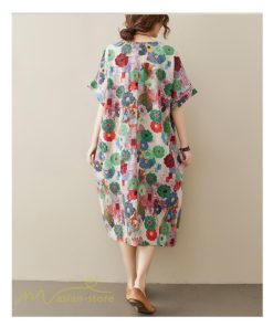 ミディアム | ミディアムワンピース レディース 膝丈 ゆるワンピース 花柄 きれいめ フリーサイズ ゆったり 半袖 麻 綿 リネン 女性着 きれいめ コットン クルーネック 着回し
