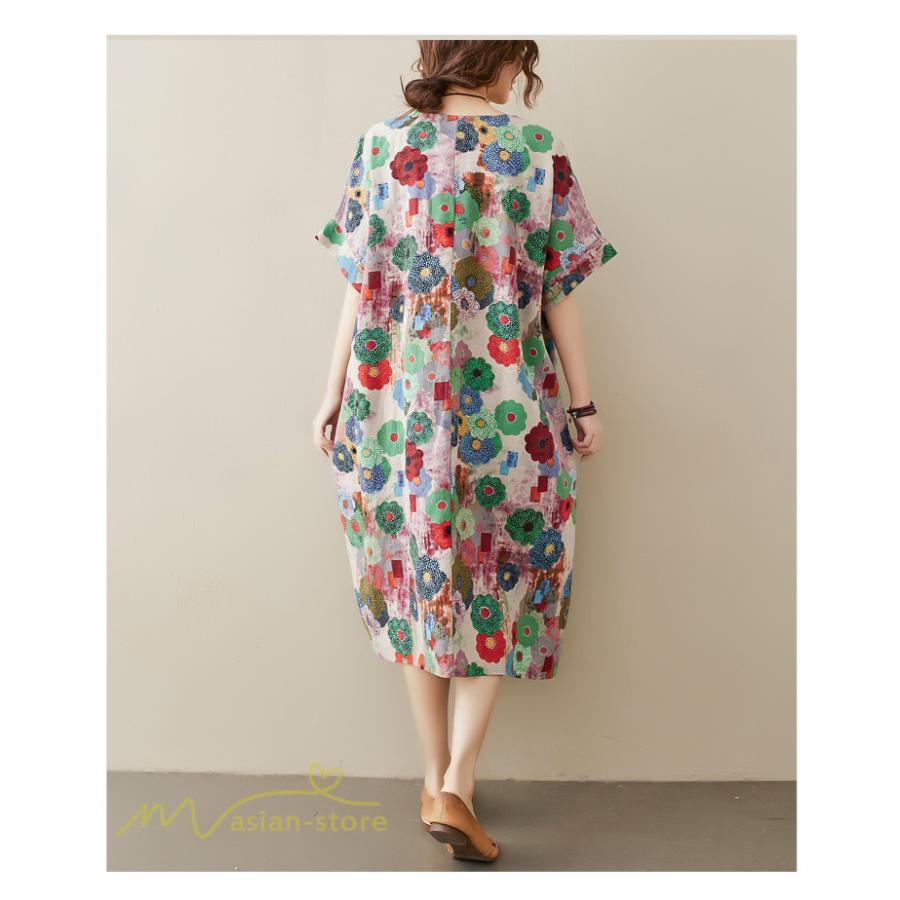 ミディアム | ミディアムワンピース レディース 膝丈 ゆるワンピース 花柄 きれいめ フリーサイズ ゆったり 半袖 麻 綿 リネン 女性着 きれいめ コットン クルーネック 着回し
