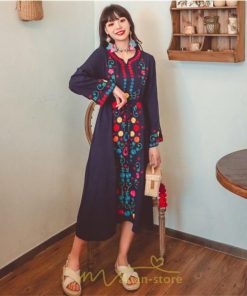 マキシ | ワンピース コットン 長袖ワンピース カジュアル ゆったり ナチュラル シンプル 可愛い 夏 秋 エスニック Vネック 鎖骨 レトロ 黄色 刺繍 白 青 三色展開