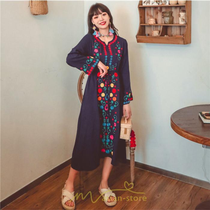 マキシ | ワンピース コットン 長袖ワンピース カジュアル ゆったり ナチュラル シンプル 可愛い 夏 秋 エスニック Vネック 鎖骨 レトロ 黄色 刺繍 白 青 三色展開