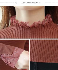ニット・セーター | スリムフィット ニットウェア リブニット レースフリル襟 ニットソー レディース 長袖 ニットセーター ハイネック トップス