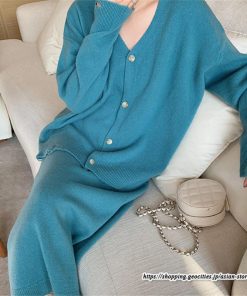 セットアップ | ニットレディース ニットカーディガン ニットスカート ウエストゴム 羽織りニット ダメージ加工 秋冬 長袖 ミモレ丈 無地