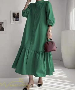 マキシ | シャツワンピース 7分袖 無地 切り替え モックネック シンプル レディース カジュアルワンピース 秋コーデ マーメイドワンピ 前開き Aライン 大きいサイズ 秋