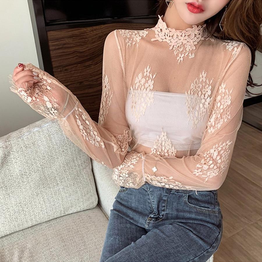 透かし編みトップス | トップス インナー ブラウス 長袖 レディース ネック シースルー
