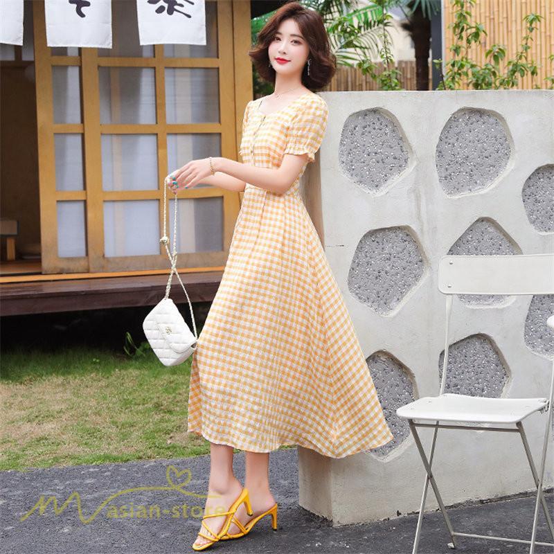 マキシ | ワンピース レディース チェック柄 きれいめ おしゃれ ゆったり ロング丈 着痩せ 春 夏 着痩せ ロングワンピース 上品 韓国風 バックファスナー エレガント