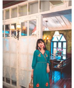 マキシ | ワンピース レディースワンピース 春夏 マキシワンピース ハイウエスト 長袖 二次会 通勤 OL 40代 着痩せ 刺繍 Vネック Aライン カジュアル エスニック 4色