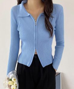 ニット・セーター | リブニットトップスレディースジップアップ