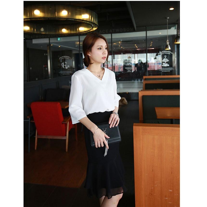 シャツ・ブラウス | シャツブラウス レディース シャツ 五分袖 Vネック 無地 トップス カットソー 可愛い 大人 30代 40代 50代 フォーマル ピンク 白 ブルー オフィス