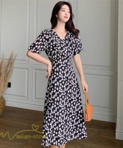 ミディアム | ワンピース レディース 着痩せ 花柄 半袖 大きいサイズ 上品 Aラインワンピース ゆったり Vネック ハイウエスト ミディアム丈 お出かけ 通勤 ひざ丈 通学