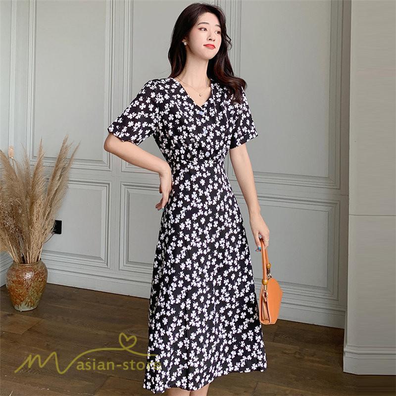ミディアム | ワンピース レディース 着痩せ 花柄 半袖 大きいサイズ 上品 Aラインワンピース ゆったり Vネック ハイウエスト ミディアム丈 お出かけ 通勤 ひざ丈 通学