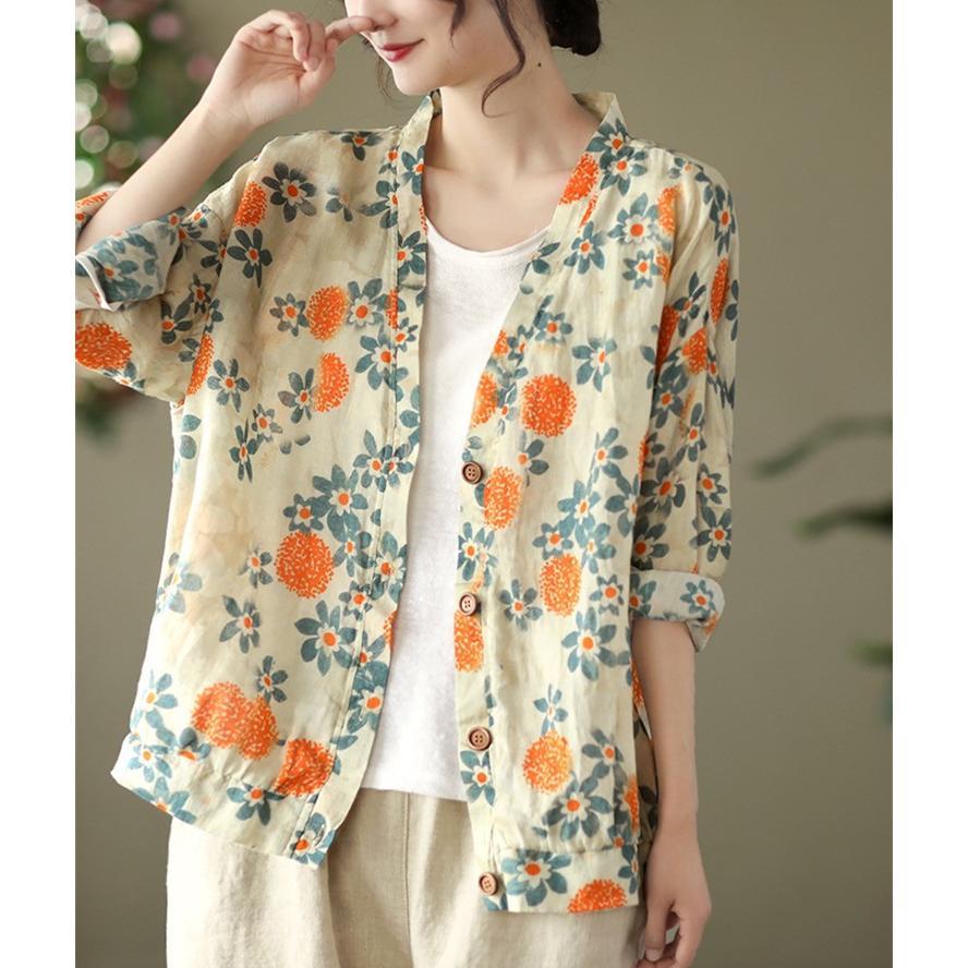 カーディガン | 麻混 レディース 花柄 初秋 リネン カジュアル Vネック 長袖 羽織 きれいめ 春 夏 秋 薄手 おしゃれ 40代50代 ゆったり 20代30代 大きいサイズ