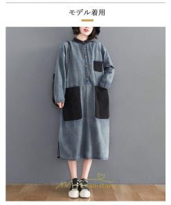デニムワンピース | ワンピース レディース ロングワンピース 夏 おしゃれ 春 秋 長袖 ポケット付き 体型カバー 着痩せ 可愛い スリット 20代30代40代50代
