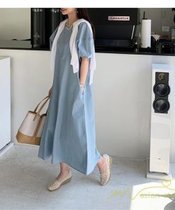 マキシ | ワンピース レディース パフスリーブロングワンピース ハーフスリーブ マキシワンピース ロング丈 半袖 マキシ丈 送料無料 韓国ファッション カジュアル