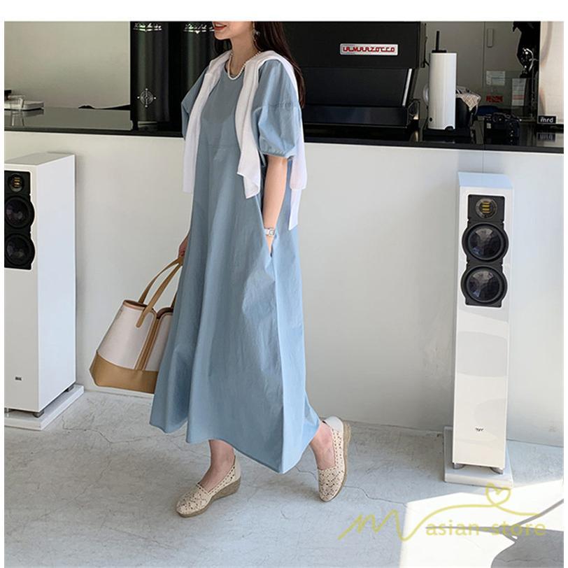 マキシ | ワンピース レディース パフスリーブロングワンピース ハーフスリーブ マキシワンピース ロング丈 半袖 マキシ丈 送料無料 韓国ファッション カジュアル