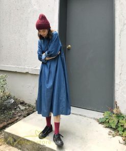 デニムワンピース | ゆるワンピース レディース デニム 長袖 レトロ風 可愛い Aラインワンピース フリーサイズ 丸首 体型カバー おしゃれ 秋 コーデ ゆったり