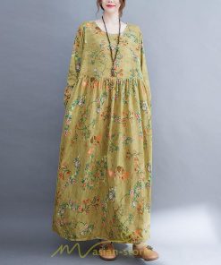 マキシ | ワンピース 大きいサイズ レディース  楽ちん 美人 コットン 夏 秋 新作 ぽっちゃり ゆったり 長袖 お腹 太もも 華奢 花柄 丸首 ポケット 黄色 美脚 着痩せ 通勤