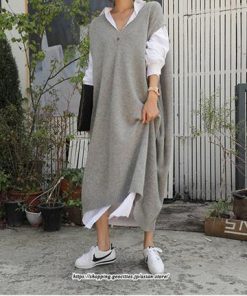 マキシ | ニットベストワンピース レディース 40代 秋冬 ワンピース Vネック ニットロングベスト ニットワンピース ゆったり ひざ下 オシャレ 韓国風 無地カジュアル