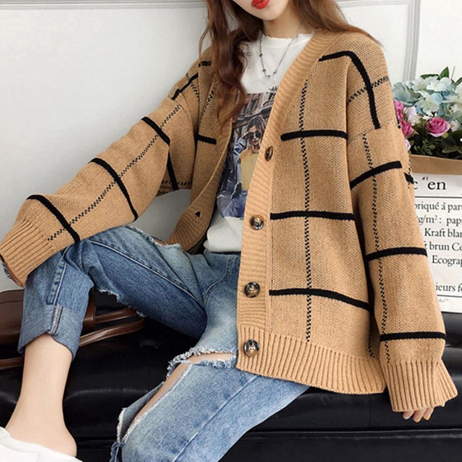 ニット・セーター | ニットカーディガン BIGチェック柄 韓国風