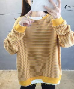 パーカー | 重ね着風トレーナー レディース 長袖 トップス カジュアル スウェット 丸首 プルオーバー ゆったり 抜け感 シンプル 大人 無地 ボーダー柄