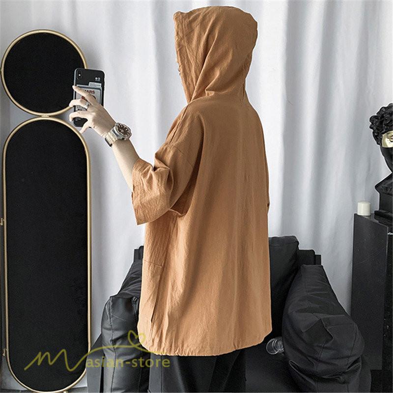 Tシャツ | トップス メンズ カットソー パーカー フード付き カジュアル 無地 7分丈 ゆったり 大きいサイズ 20代 30代 夏新作 ルームウェア 体型カバー シンプル