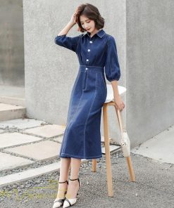 デニムワンピース | レディース デニム ワンピース マーメイド 長袖 秋 5分袖 カジュアル シャツワンピース カジュアル ロング丈 レトロ風 ポケット 着痩せ