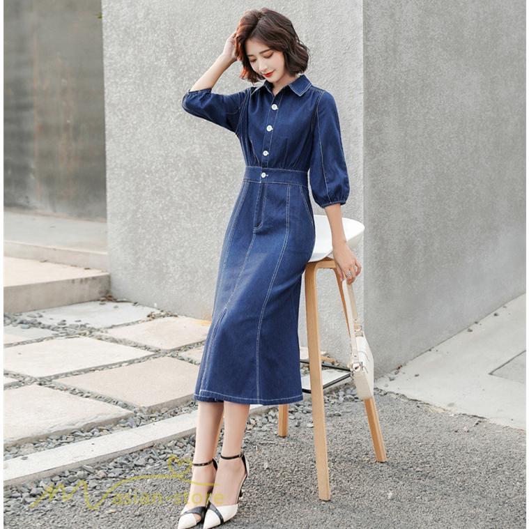 デニムワンピース | レディース デニム ワンピース マーメイド 長袖 秋 5分袖 カジュアル シャツワンピース カジュアル ロング丈 レトロ風 ポケット 着痩せ