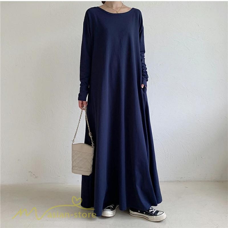 マキシ | Aラインワンピース ワンピース レディース 無地 長袖 マキシワンピース プルオーバー カジュアル 20代 30代 ゆったり 体型カバー フレア 40代 50代 おしゃれ