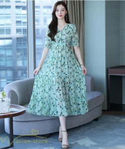 ミディアム | ワンピース レディース 着痩せ ロング丈 ロングワンピース カジュアル 花柄 Vネック 大きいサイズ ひざ下丈 サマーワンピース 40代 夏服 お出かけ 30代 20代